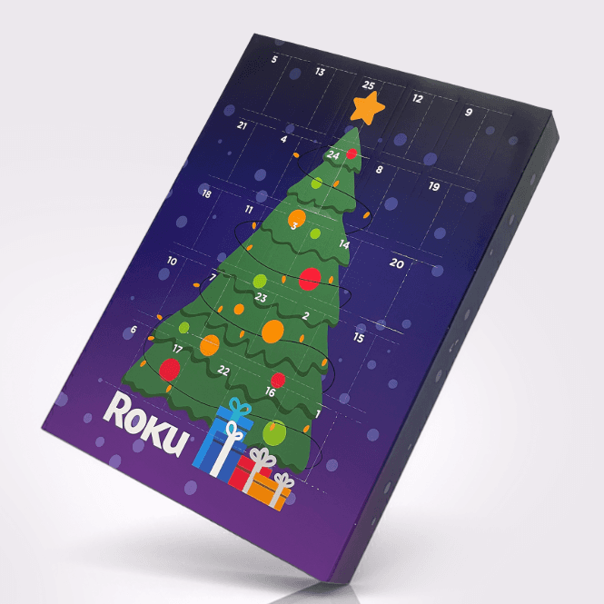 Custom branded advent calendar featuring a colorful Christmas tree design with numbered doors for daily surprises, created for Roku holiday campaign.