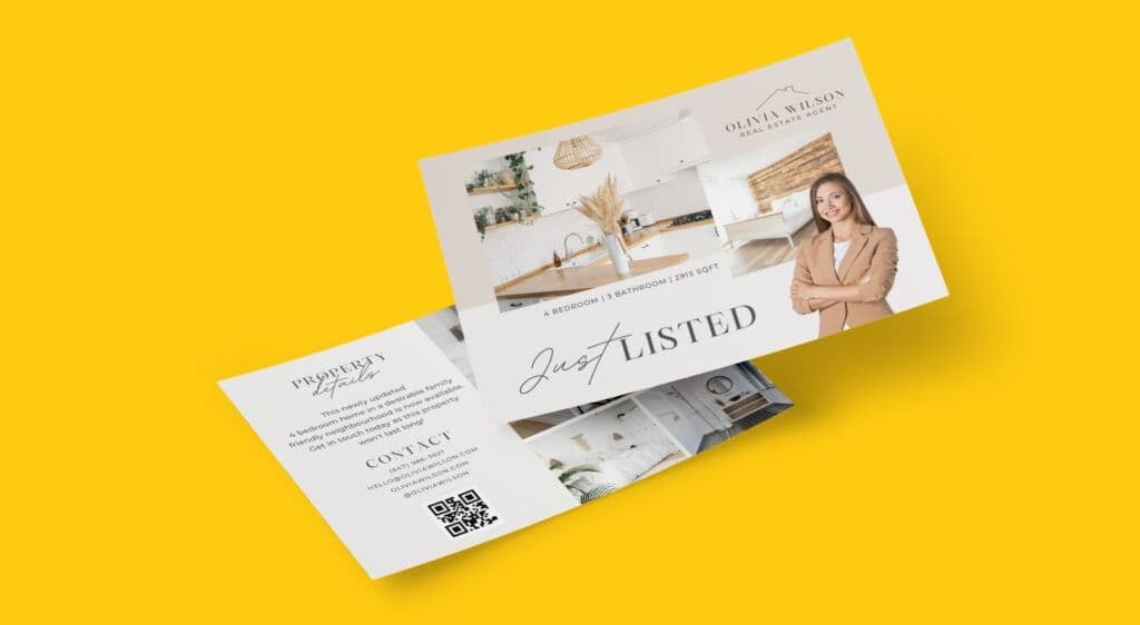A real estate industry postcard with photographs of an open hours and the realtor featured on the front of the card. The back of the card contains a QR code and contact information.