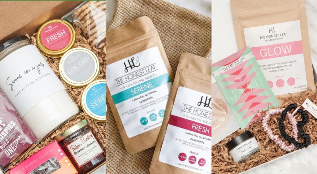 Three photographs of Honest Leaf products including the high-tea set pictured in a box. Set includes a candle, loose leaf teas, cookied, jams, and other goodies. Second image shows two loose leaf tea bags and the third image shows a self-care tea set in a box that mixes tea with lotions, hair ties, and other products.