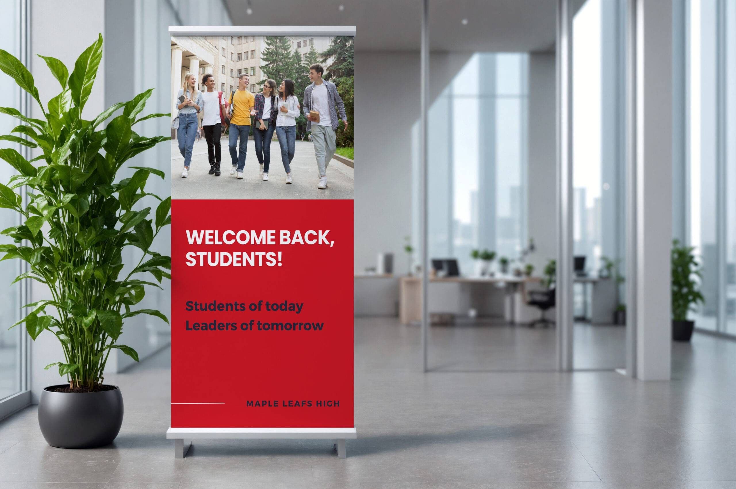 An educational institution printed  roll-up banner welcoming back students to campus
