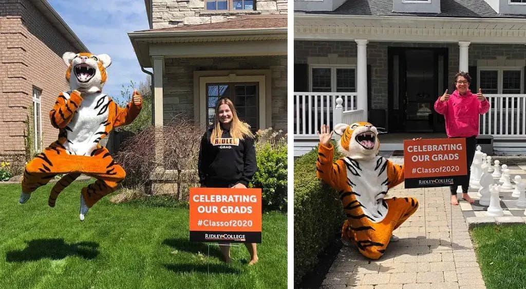 Side-by-side images of two class of 2020 students with lawn front signage
