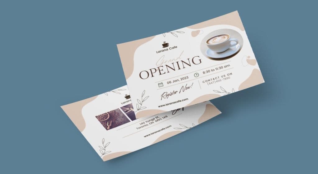 The front and back of a grand opening postcard designed to promote a small coffee shop.