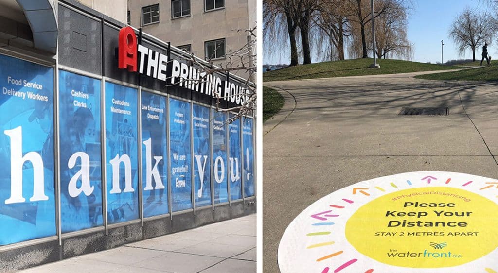 Side-by-side images of large-scale TPH storefront signage beside an an impact of outdoor social distancing signage