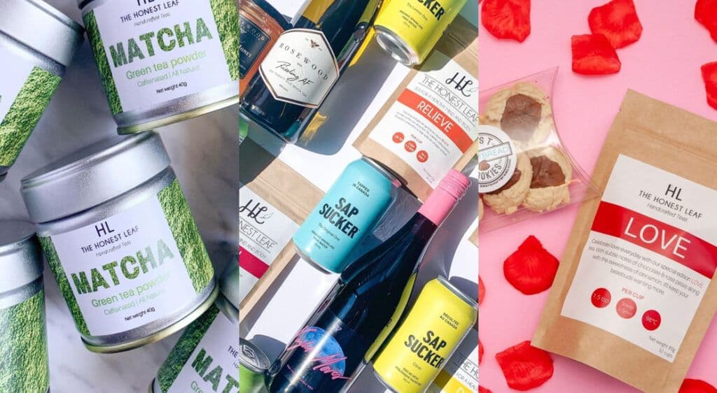Three images of Honest Leaf tea products. First image shows matcha sold in tins, second image shows a stylised photo of tea with local wine and the third image shows a valentine's day set pairing tea with cookies.