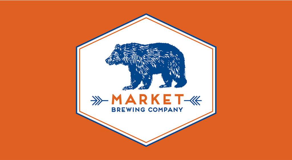 The Market Brewing Company logo with a large navy blue bear is displayed on a solid orange background.