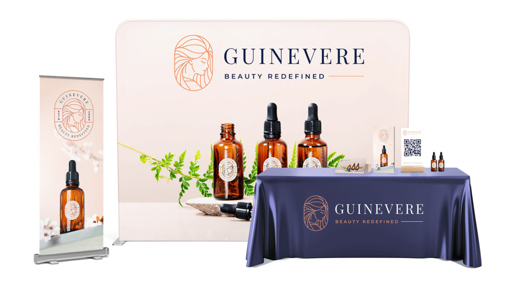 Trade show booth - skincare brand. Table cover, backdrop and banner.