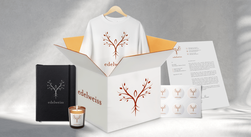 Branded influencer package or welcome package. Includes branded apparel, shipping box, stickers, notebook.