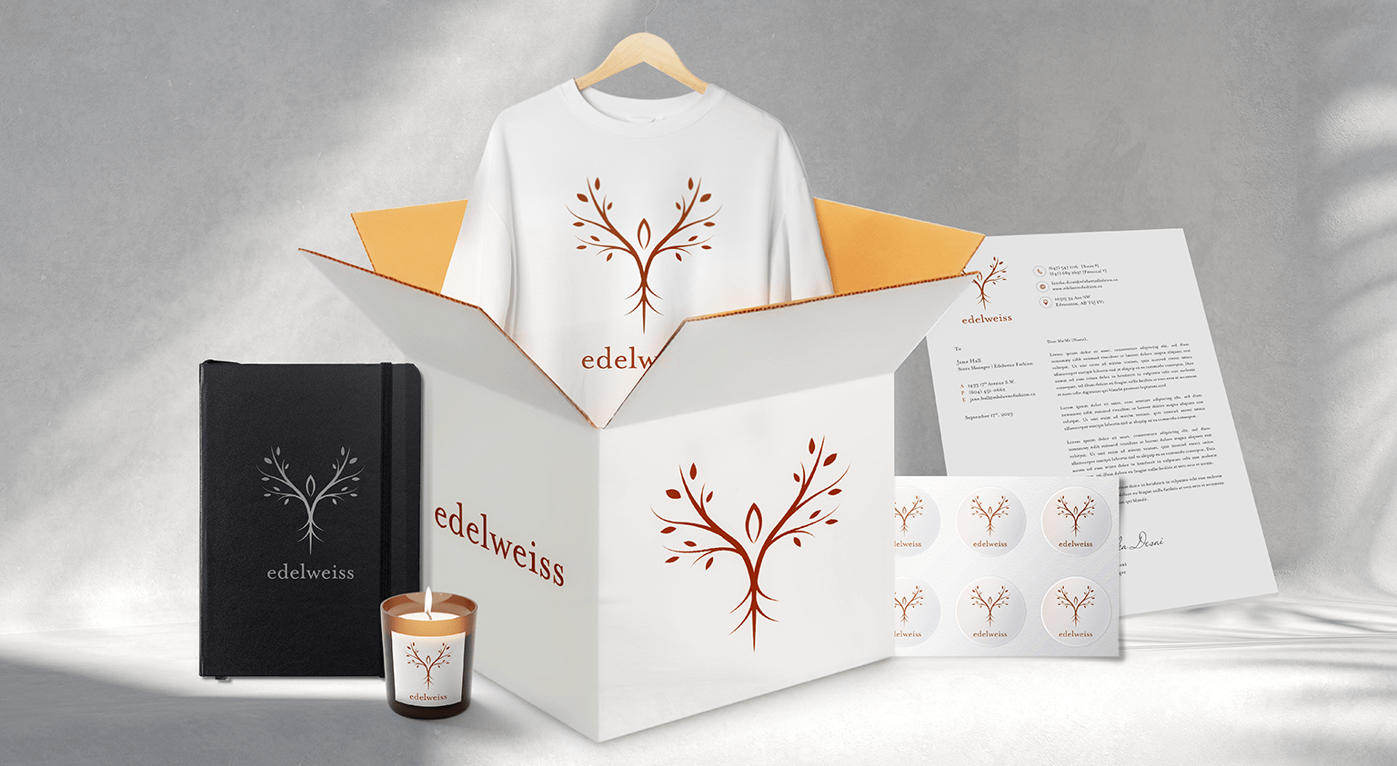 Branded influencer package or welcome package. Includes branded apparel, shipping box, stickers, notebook.