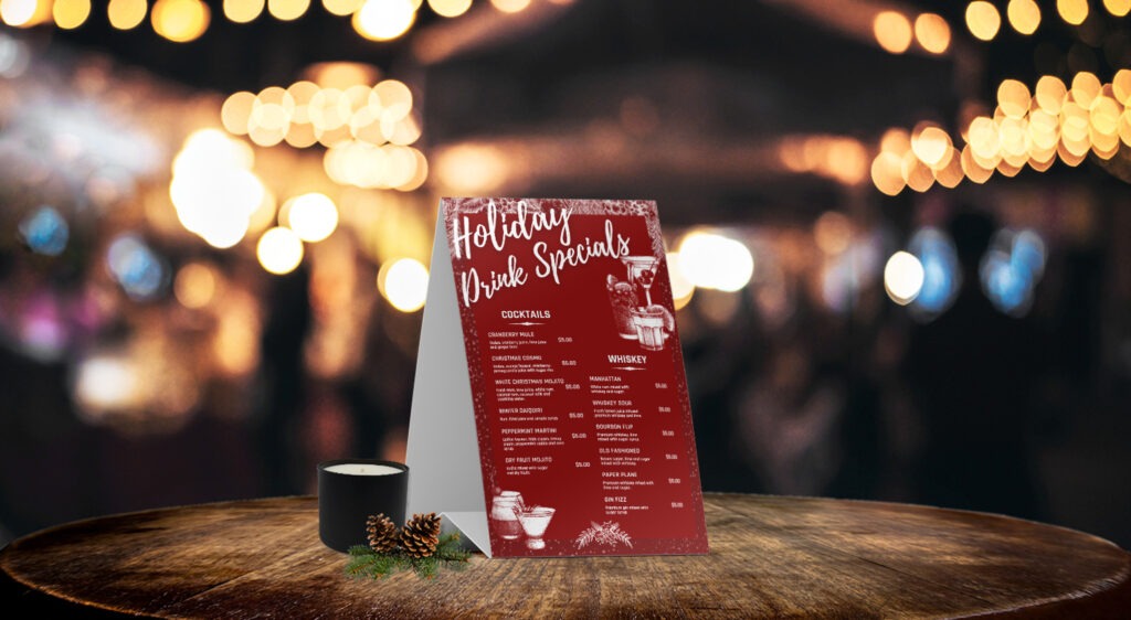 Restaurant holiday drink menu table topper and tent menu.