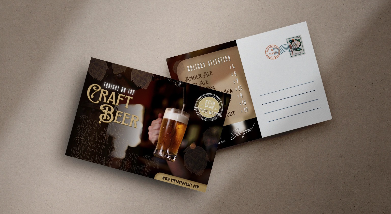 Image features the front and back side of a double-sided postcard design created to promote a Craft Beer business to grow potential customers.