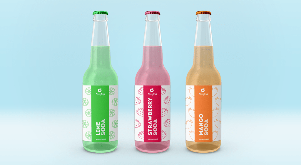 Three flavours of glass pop bottles are shown with a light blue background. The product packaging design represented here shows a minimalist design with bold colours that match each pop flavour. Green for lime, pink for strawberry and orange for mango.