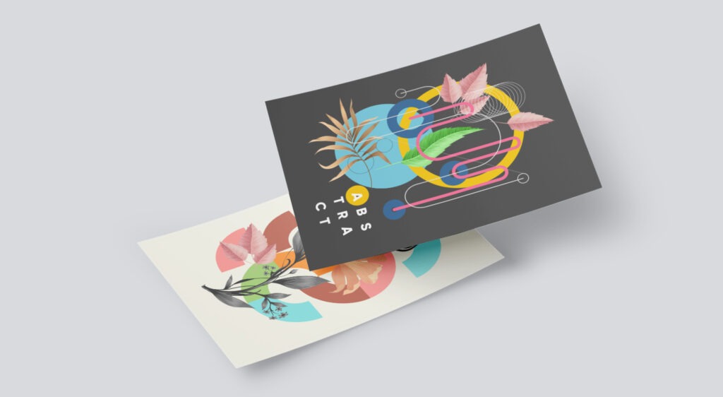 The postcard featured in this image has a very artistic collage image featuring geometric shapes like a bright yellow circle, some pink feathers and a golden fern leaf. The effect is playful and evokes a sense of curiosity.
