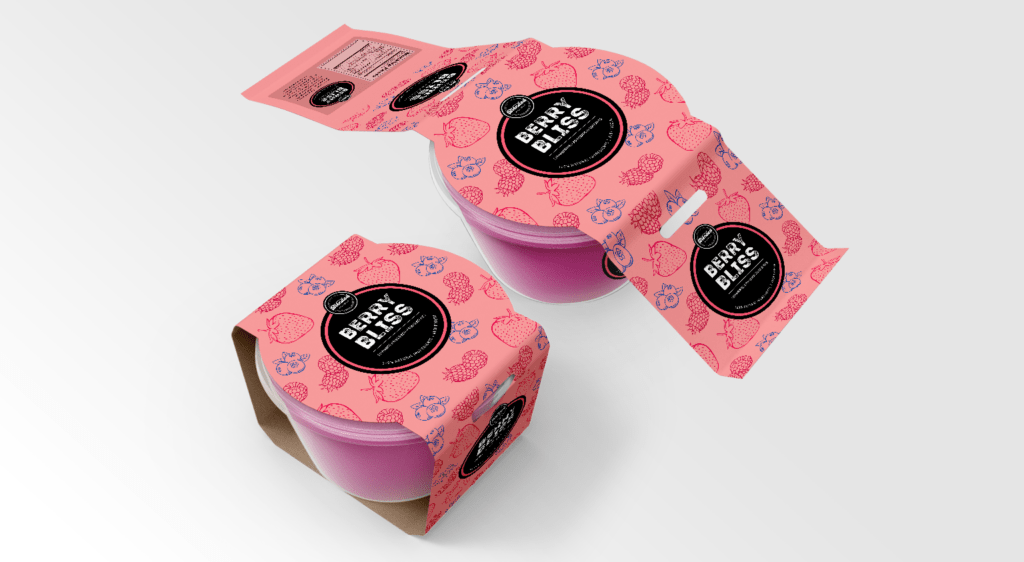 Two packaging designs are featured here, the products appear on a light grey background. They look like small portions of frozen yogurt with a cardboard product packaging wrapped around from top to bottom like a sleeve.