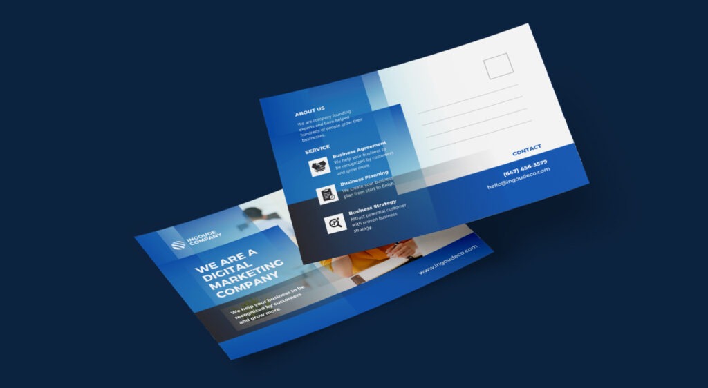 A very corporate looking postcard design for a digital marketing company. Colours are dark blue and the postcard looks like a piece of direct mail marketing. 