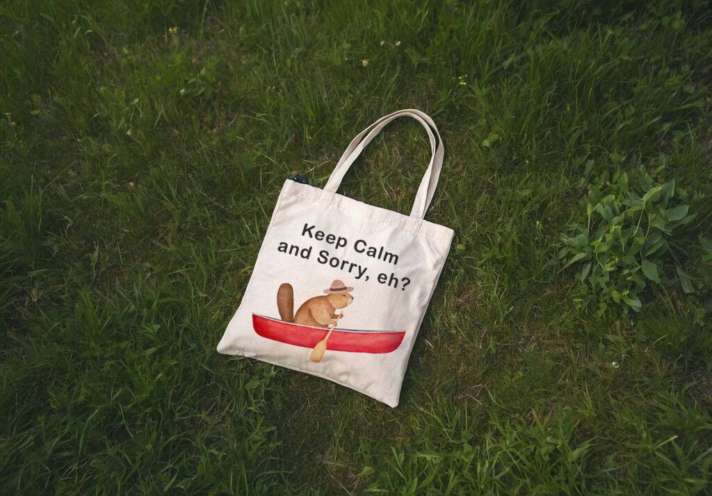 Print Near Me: Tote bag for summer with an illustration that reads "Keep Calm and Sorry, eh?"
